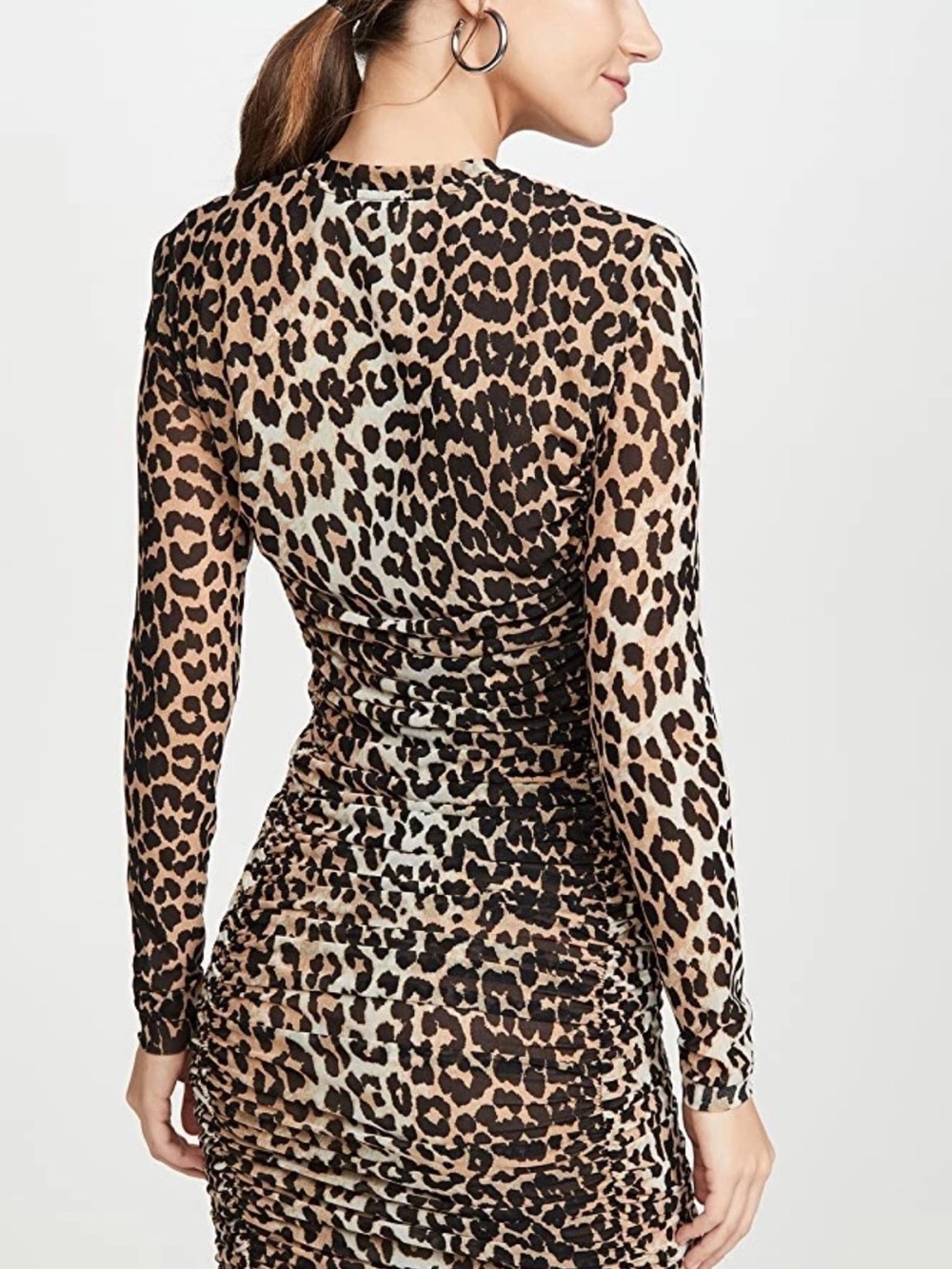 Ganni Leopard Ruched Mesh Dress Size 2 Bodycon Mini